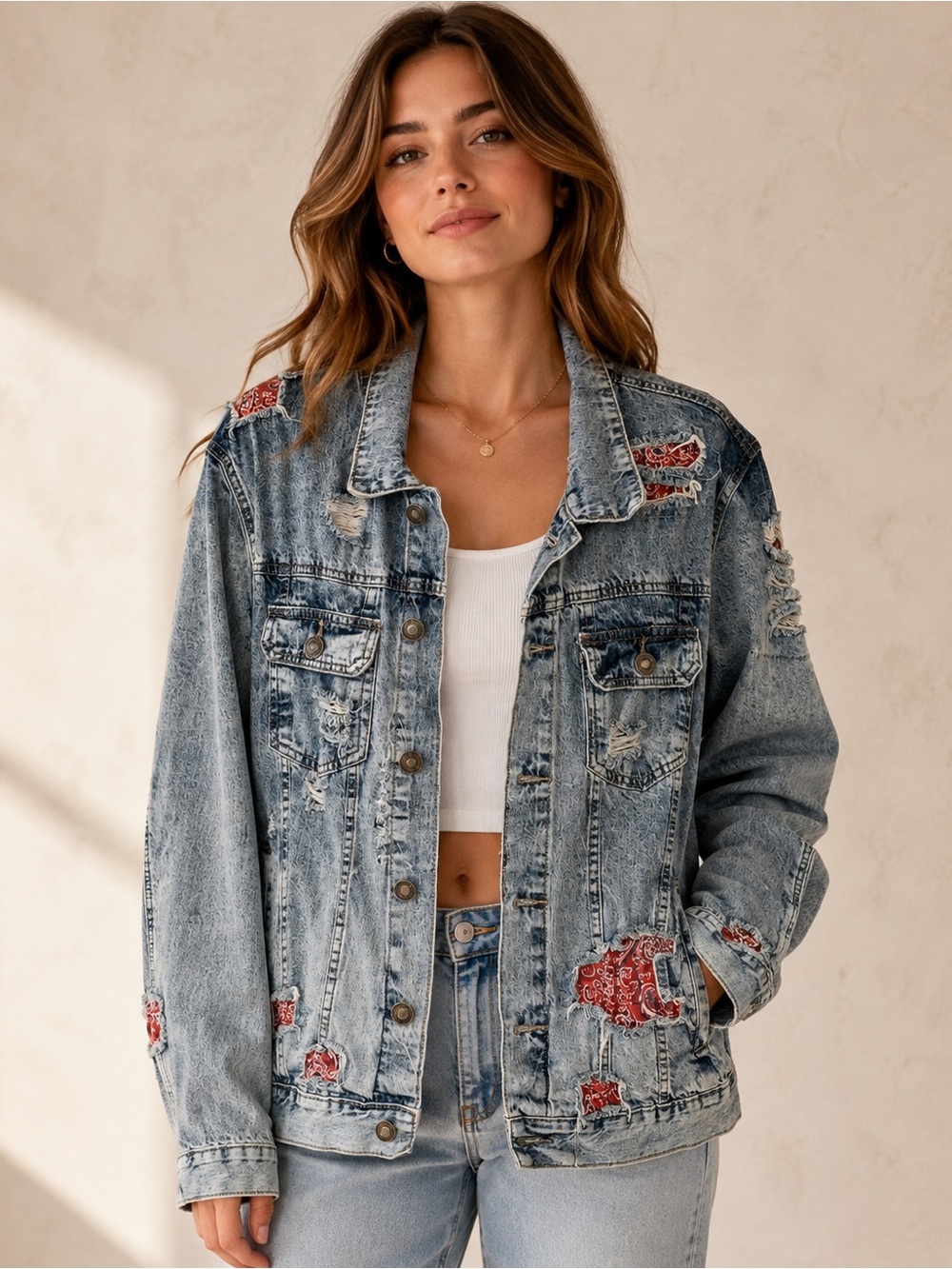 Rue21 Light Blue Distressed Denim Jacket with Red Patch Accents - Picture 1 of 4